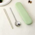 Set di posate portatile in acciaio con cucchiaio e scatola verde per viaggi quotidiani. - Set di Bacchette e Cucchiaio / 21cm / Verde