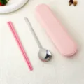 Set di stoviglie portatile in acciaio inossidabile cucchiaio e bacchette rosa per viaggi. - Set di Bacchette e Cucchiaio / 21cm / Rosa