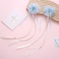 Girls blue hair clip with cute bow, crystal stone and long braided hair extensions for kids. - Blue Wig Braid Pair Clips / Blue