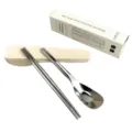 Set di stoviglie portatili in acciaio inossidabile con bacchette cucchiaio e custodia protettiva. - 19.2*4cm / Bianco avorio