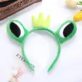 Bonita diadema de rana principe con corona y grandes ojos, suave accesorio de pelo de peluche. - Diadema Rana Ojos Grandes Corona Verde