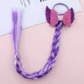 Detailed close-up view of the purple synthetic braided wig featuring glittering bow and cute unicorn wings. - 4# Purple