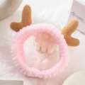 Pink coral fleece reindeer antler headband, sweet plush hair hoop for daily makeup and washing. - Pink