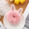 Korean style cute pink plush hair scrunchie with soft ball and cute small animal ear design. - Dark Pink Bunny Ears Hair Tie