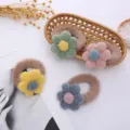 Cute fuzzy flower hair scrunchies candy color plush hair bands winter cute hair accessories - Khaki Band + Yellow Flower