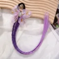 Dettaglio accessorio capelli parrucca bambini, fiocco viola e treccia per festa. - Viola
