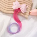 Kids cute glitter bow hair clip with colorful long synthetic hair extensions for girls - Pink