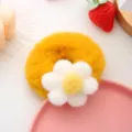 Fluffy yellow plush flower hair scrunchie cute winter hair tie for women and girls detail - Yellow Scrunchie + White Flower
