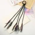 Detailed view of children colorful braided hair tie synthetic wig ponytail hair accessory. - Rubber Band Colored Rope Black Braid