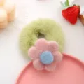 Fluffy green plush hair scrunchie with cute pink and blue flower accessory for women and girls. - Light Green Scrunchie + Pink Flower