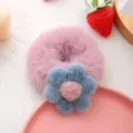 Cute fuzzy hair scrunchie with blue flower plush charm, sweet winter hair tie for women. - Light Purple Scrunchie + Blue Flower