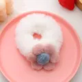 White plush hair scrunchie with pink flower, fluffy winter hair rope for cute girls. - White Scrunchie + Pink Flower
