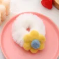 Fluffy white plush hair scrunchie with cute yellow felt flower, sweet winter hair tie style. - White Scrunchie + Yellow Flower