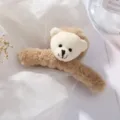 Cute plush bear hair claw clip, fluffy brown hair catcher for thick hair styling accessories - White Bear
