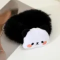 Cute cartoon panda plush hair scrunchie detail view, soft black fluffy faux fur design accessory. - Panda Hair Tie / Black
