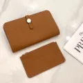 Brown genuine leather passport holder and card wallet set, detailed view of texture and metal clasp. - Earthy Yellow