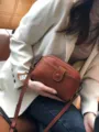 Caramel genuine leather crossbody bag for women, stylish small camera bag with strap. - Pure Earth Yellow