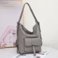 Echte Leder Damen Rucksack Tasche, stilvolle graue lässige Schultertasche mit mehreren Fächern. - 33x14x35CM Groß / Premium Grau