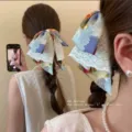 Chinese style ink splash bow ponytail clip, elegant satin hair accessory with delicate lace. - Bow Ponytail Clip (GB2337) / Multicolor Splicing