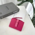Pink leather short wallet for women, stylish contrast color compact purse with zipper. - Rose Red