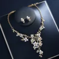 Elegant gold pearl flower necklace earrings set bridal wedding jewelry gift for women chic style - Gold