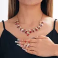 Set Collana Orecchini Strass Rossi Sposa Donna Elegante Gioielli Abito da Banchetto - Stile Rosso (028)