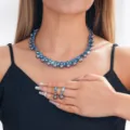 Elegant blue crystal and grey pearl necklace earrings jewelry set for women banquets. - Two-Piece Set / Blue Style (006)