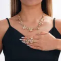 Set Collana Orecchini Farfalla Perle Strass Oro, Eleganti Accessori Gioielli da Sposa - Stile Champagne (008)