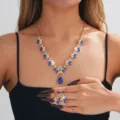 Set gioielli collana orecchini strass goccia blu oro donna matrimonio festa banchetto. - Stile Blu (014)