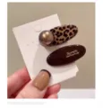 Korean style leopard print and chocolate brown hair barrette set, chic side hairpin acc. - Small Oval Style / 2 Pcs/Set
