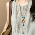 Boho ethnic long ceramic necklace with wooden ring and beads for women summer beach vacation - Blue Starfish Necklace