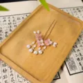 Chinese style ancient Hanfu U-shaped hairpin with pink flowers and delicate pearl tassels. - Flower Tassel Hair Fork / Pink