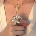 Layered pearl ribbon bow tassel necklace and flower ring set, elegant aesthetic jewelry. - Iris Pearl Ring / White