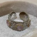 Vintage silver gold toned sunflower open ring with pink stone old money style jewelry for women - Pink