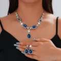 Completo Gioielli Collana Orecchini Goccia Strass Blu Sposa Donna Elegante Festa - Stile Bleu (064)