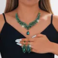 Set Collana Orecchini Strass Verde Gioielli Sposa Festa Dorato Pendente Goccia Donna - Stile Verde (068)