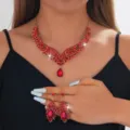 Set Collana Orecchini Goccia Strass Rosso Donna Matrimonio Festa Gioielli Accessori - Stile Rosso (060)