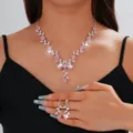 Set collana orecchini goccia strass rosa sposa elegante gioielli festa di nozze accessori - Stile Rosa (065)