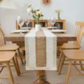 Nordic style cotton linen table runner hollow woven fringe dining table decoration - Single Wide Linen Stripe