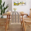 Nordic style cotton linen table runner detail scene, featuring geometric diamond texture. - 30*120cm / Three Flowers Black Khaki