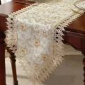 Elegant American style lace table runner with golden floral embroidery for dining table decor. - 40*90 cm / Rose + Beige