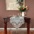 Detailed view of luxury European style table runner with elegant lace embroidery and tassel decor. - 40*150cm / Silver Gray