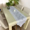 Elegant lace table runner scene featuring detailed floral embroidery for dining room decor. - 40*90 cm / Rose + Silver White