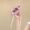 Pink flower tassel hairpin, elegant pearl fringe hair accessory for elegant hairstyles. - Purple
