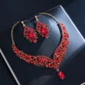 Luxury red crystal bridal jewelry set necklace earrings for wedding party banquets - d587 Gold Red Set