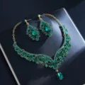 Elegant green rhinestone necklace and earrings set, luxury bridal wedding banquet jewelry for women. - d587 Gold Green Set