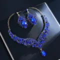 Blue Zircon Necklace Earrings Set Gold Plated Bridal Wedding Banquet Jewelry Accessories - d587 Gold Royal Blue Set