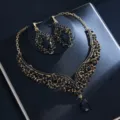 Schwarze Zirkon Kristall Halskette Und Ohrringe Set Vergoldeter Brautschmuck Stil - d587 Gold Schwarz Set