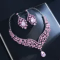 Wunderschönes rosafarbenes Kristall-Strass Braut Halskette und Ohrringe Schmuckset Party - d587 Rosa Set