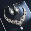 Luxus vergoldete Strass Kristall Halskette Ohrringe Braut Schmuck Set für Damen. - d587 Gold Set